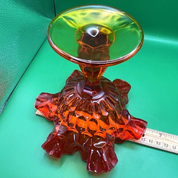 Fenton Amberina Ruffled Crimped Thumbprint Pedestal Candy Dish Compote VTG MCM - Picture 3 of 13